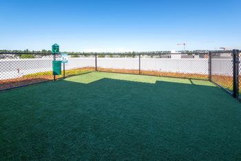 A fenced in batting cage with green turf and a scoreboard